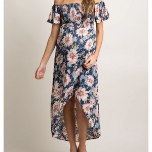 Pink blush blue floral off the shoulder maternity wrap dress